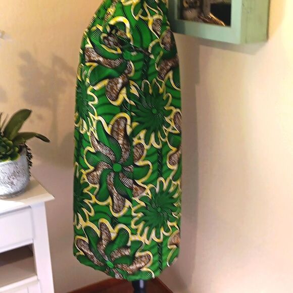 African Wax Print Green Floral Off-Shoulder Dress Handmade One of A Kind - Picture 5 of 11